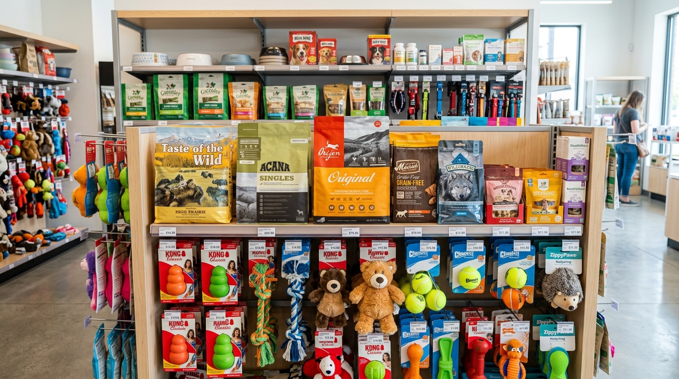 Prateleiras da loja com produtos para pet
